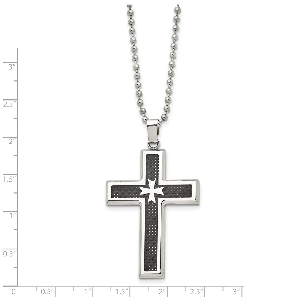 Chisel Stainless Steel Polished with Black Carbon Fiber Inlay Cross Pendant on a 22 inch Ball Chain Necklace