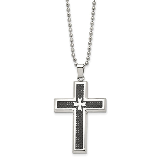 Chisel Stainless Steel Polished with Black Carbon Fiber Inlay Cross Pendant on a 22 inch Ball Chain Necklace