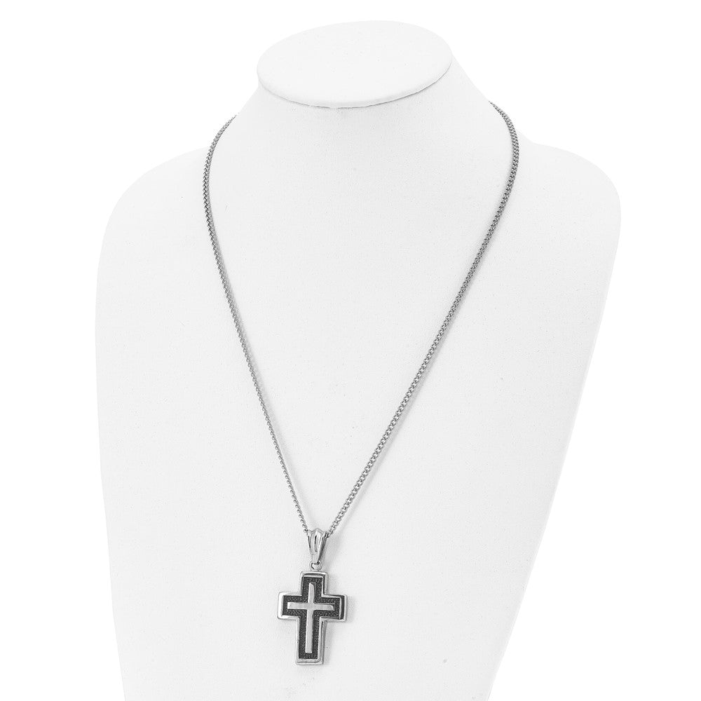 Chisel Stainless Steel Antiqued Polished and Textured Cross Pendant on a 24 inch Curb Chain Necklace