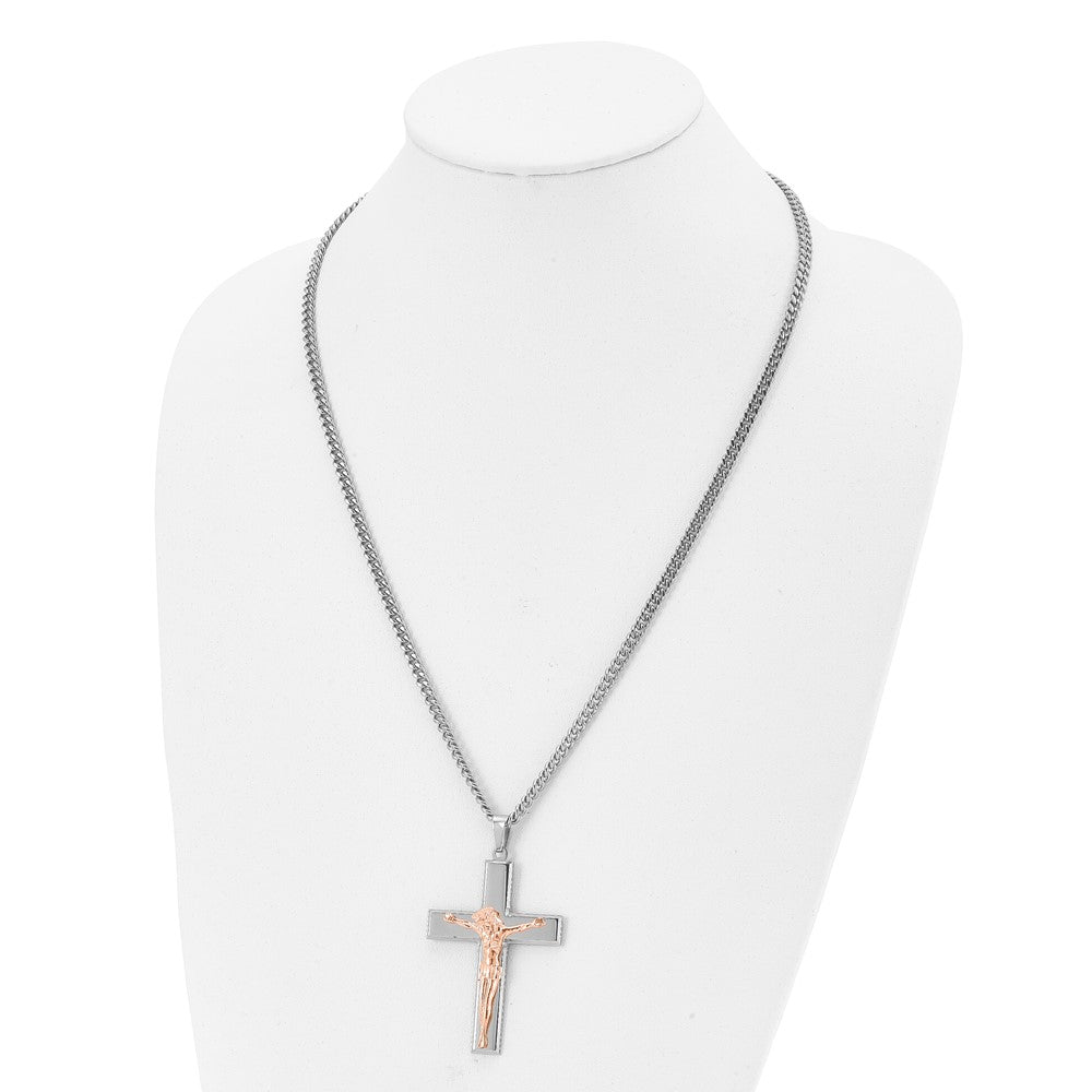 Chisel Stainless Steel Polished Rose IP-plated Crucifix Pendant on a 24 inch Curb Chain Necklace