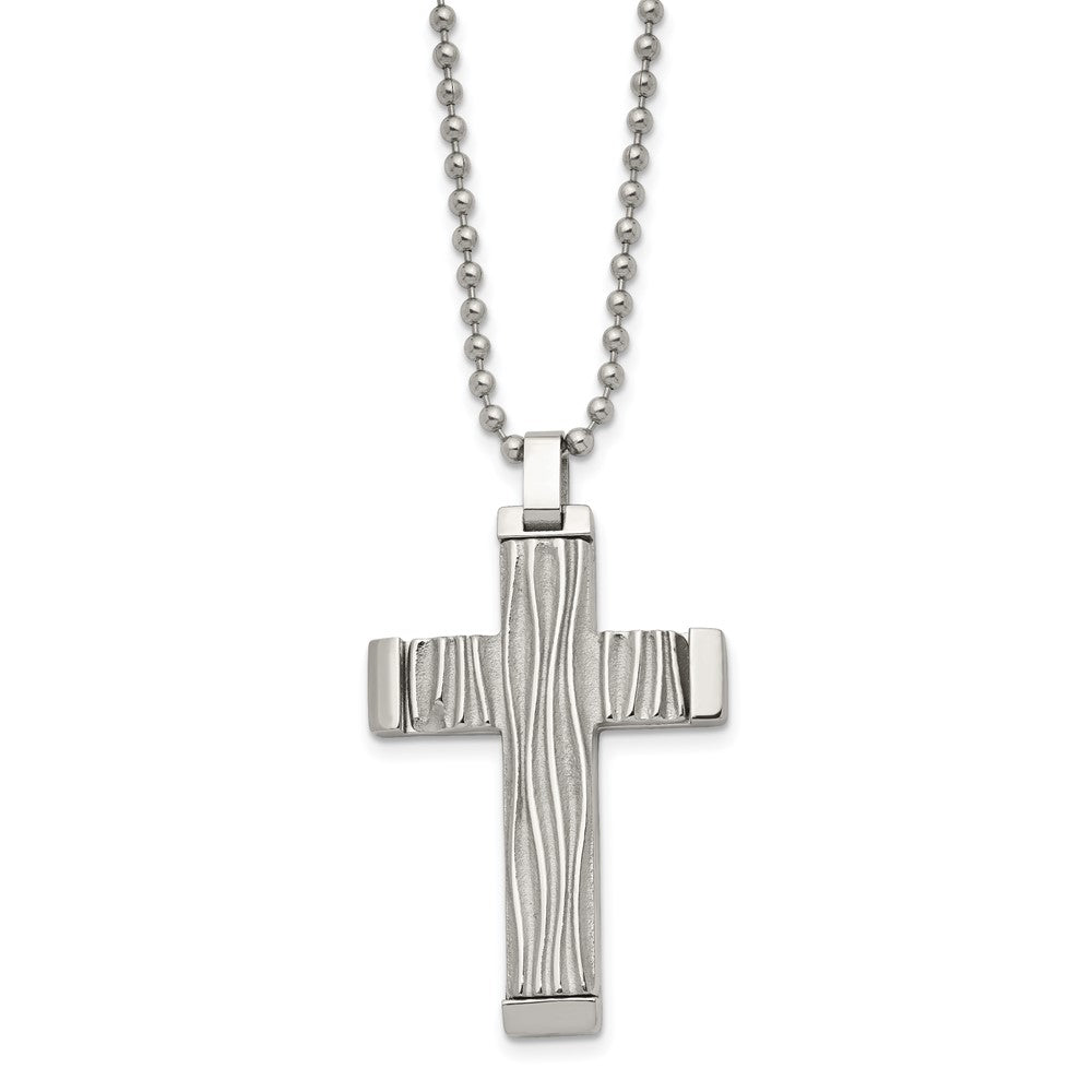 Chisel Stainless Steel Polished and Textured Wave Design Cross Pendant on a 22 inch Ball Chain Necklace