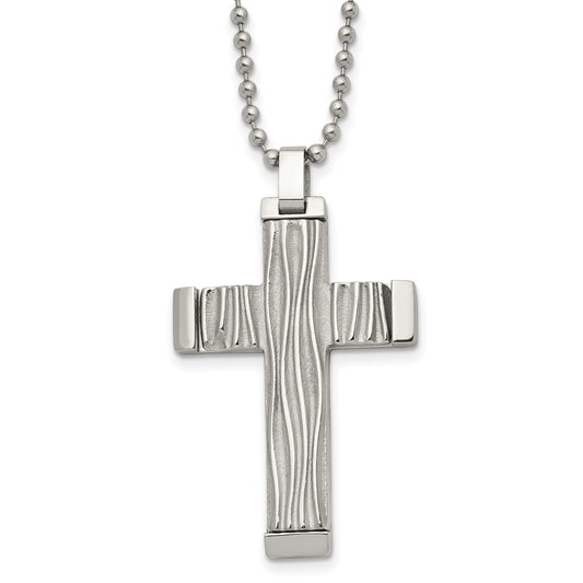 Chisel Stainless Steel Polished and Textured Wave Design Cross Pendant on a 22 inch Ball Chain Necklace
