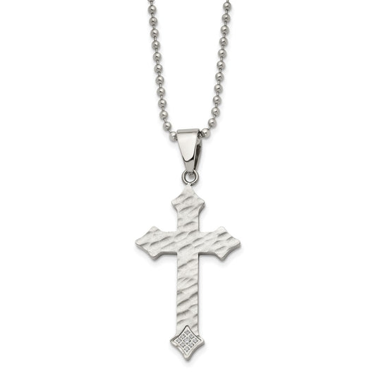 Chisel Stainless Steel Polished and Satin Hammered with CZ Cross Pendant on a 22 inch Ball Chain Necklace