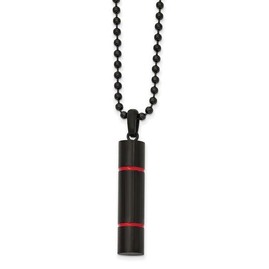Chisel Stainless Steel Brushed and Polished Black IP-plated with Red Enamel Cylinder on a 22 inch Ball Chain Necklace