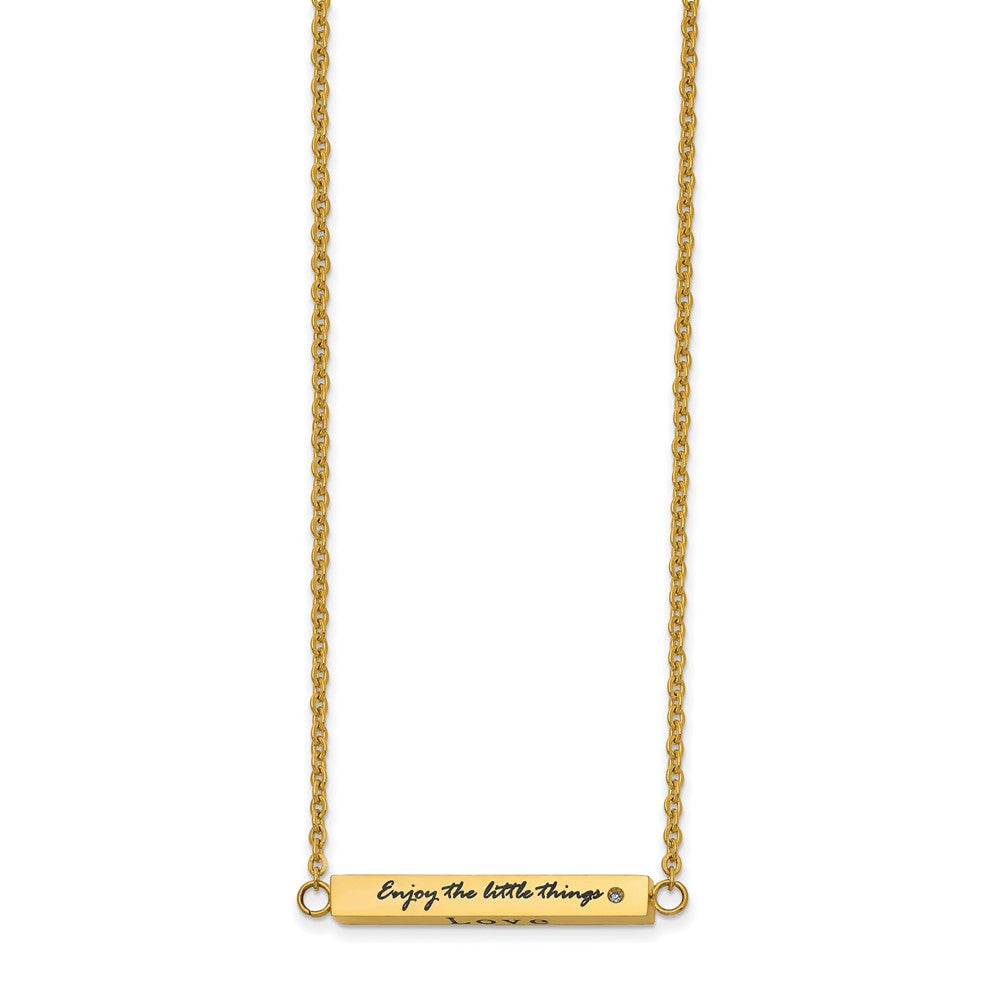 Chisel Stainless Steel Polished Yellow IP-plated Enameled with CZ ENJOY THE LITTLE THINGS Bar on a 16 inch Cable Chain with a 2 inch Extension Necklace