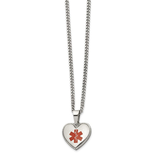 Chisel Stainless Steel Polished with Red Enamel Heart Medical ID Pendant on a 20 inch Curb Chain Necklace