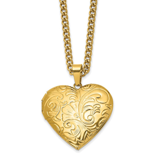 Stainless Steel Polished Yellow IP-plated Heart Locket on a 24 inch Curb Chain Necklace