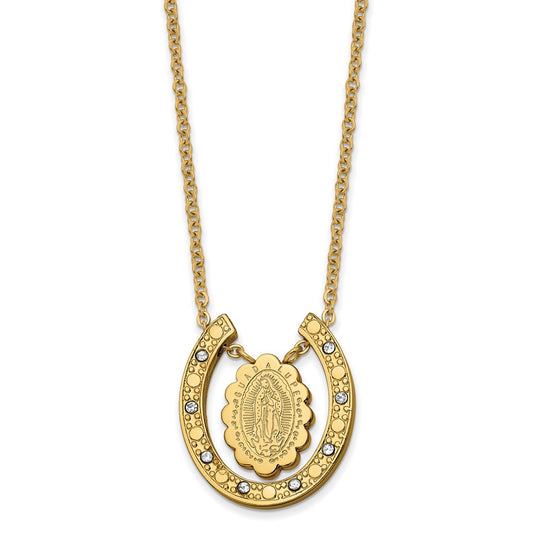 Chisel Stainless Steel Polished Yellow IP-plated with Crystal Our of Guadalupe Horseshoe on a 18 inch Cable Chain Necklace