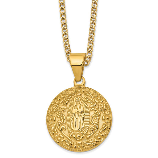 Chisel Stainless Steel Polished and Textured Yellow IP-plated Our of Guadalupe Pendant on a 24 inch Curb Chain Necklace