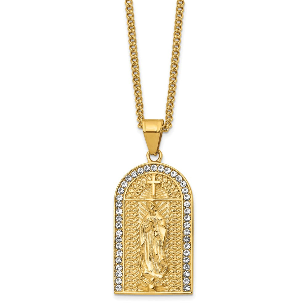 Chisel Stainless Steel Polished Yellow IP-plated with Crystal Blessed Mary Pendant on a 24 inch Curb Chain Necklace