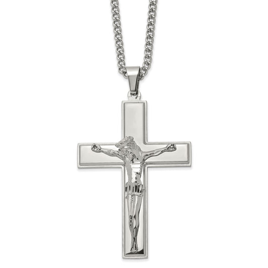 Chisel Stainless Steel Polished Crucifix Pendant on a 24 inch Curb Chain Necklace