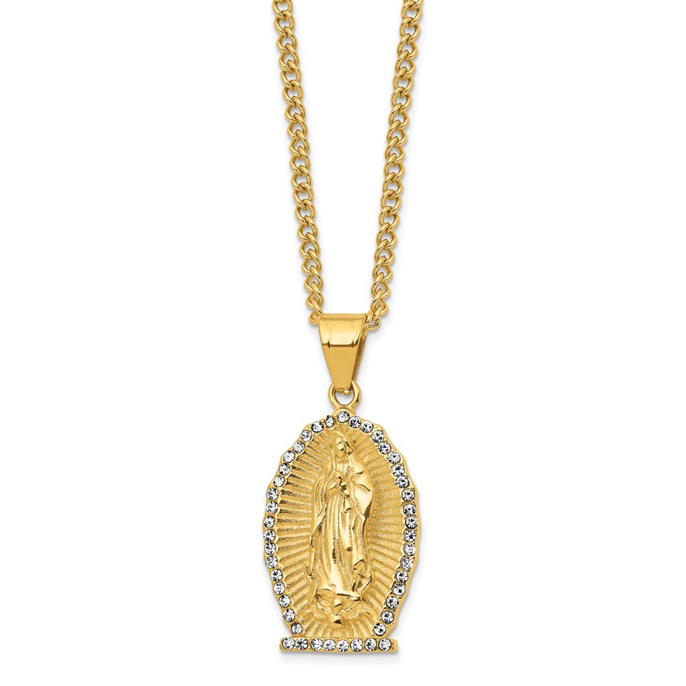 Chisel Stainless Steel Polished Yellow IP-plated with Crystal Our of Guadalupe Pendant on a 24 inch Curb Chain Necklace