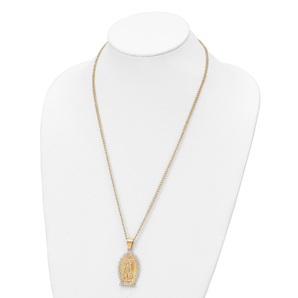 Chisel Stainless Steel Polished Yellow IP-plated with Crystal Our of Guadalupe Pendant on a 24 inch Curb Chain Necklace