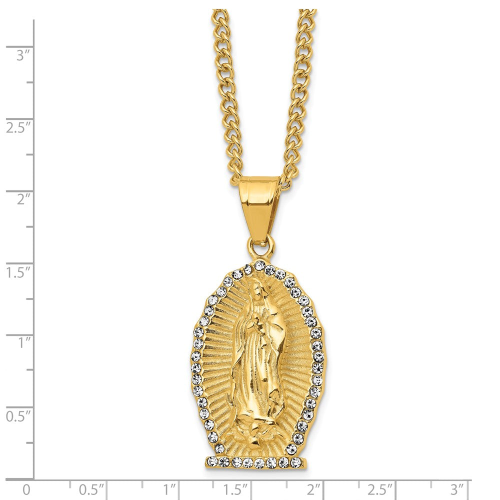 Chisel Stainless Steel Polished Yellow IP-plated with Crystal Our of Guadalupe Pendant on a 24 inch Curb Chain Necklace