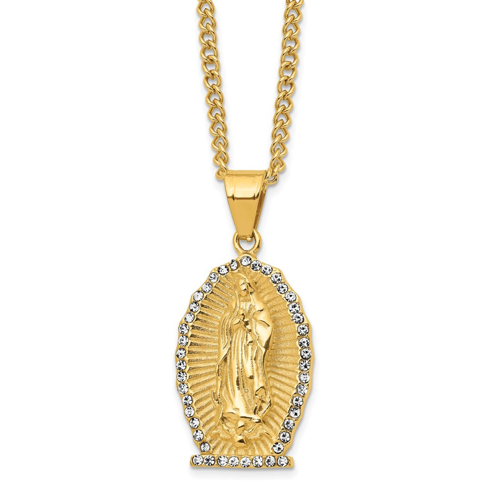 Chisel Stainless Steel Polished Yellow IP-plated with Crystal Our of Guadalupe Pendant on a 24 inch Curb Chain Necklace