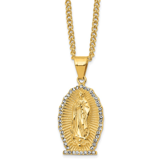 Chisel Stainless Steel Polished Yellow IP-plated with Crystal Our of Guadalupe Pendant on a 24 inch Curb Chain Necklace