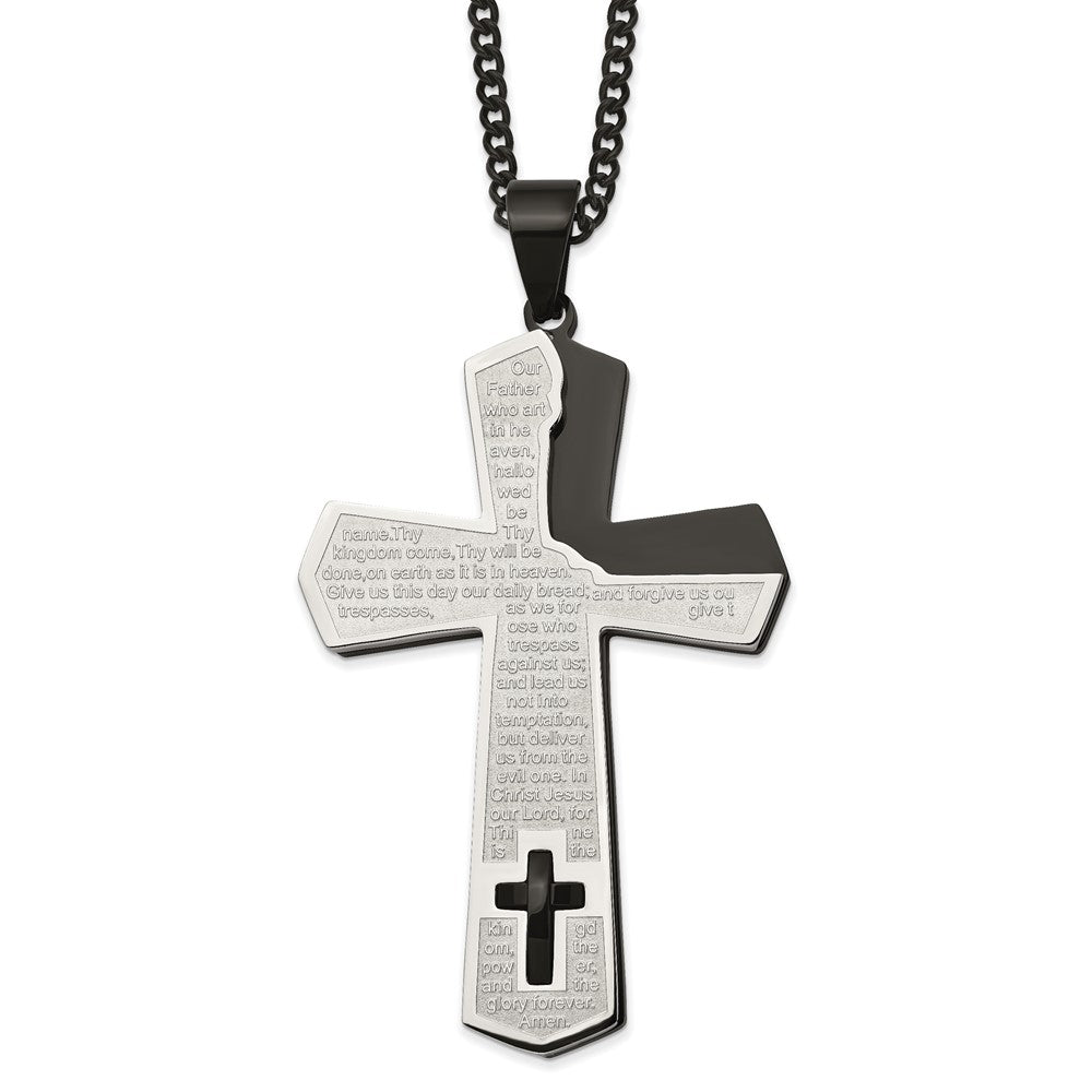 Chisel Stainless Steel Polished Black IP-plated Lord's Prayer Cross Pendant on a 24 inch Curb Chain Necklace