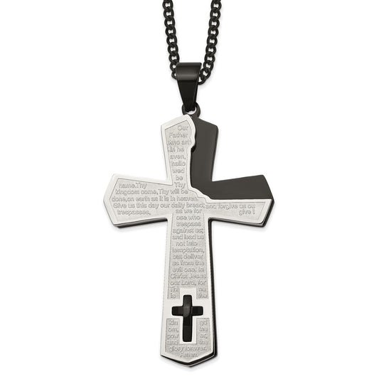 Chisel Stainless Steel Polished Black IP-plated Lord's Prayer Cross Pendant on a 24 inch Curb Chain Necklace