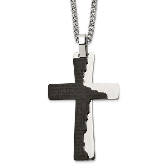 Chisel Stainless Steel Polished Black IP-plated Etched Broken Prayer Cross Pendant on a 24 inch Curb Chain Necklace