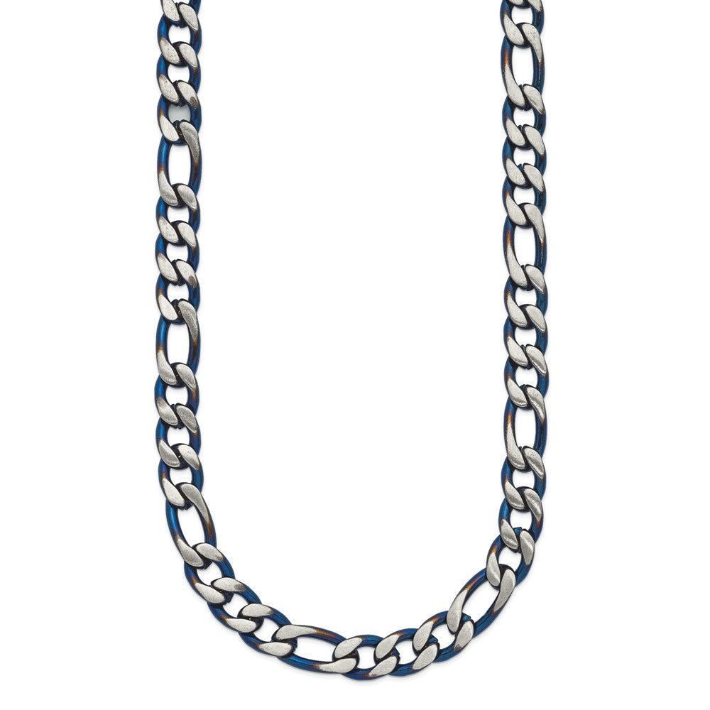 Chisel Stainless Steel Brushed and Polished Blue IP-plated 7.5mm 26 inch Figaro Chain Necklace