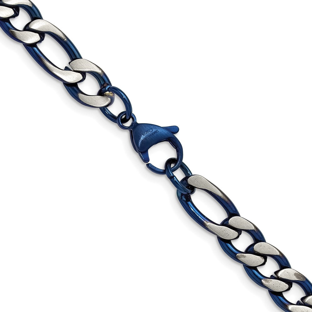Chisel Stainless Steel Brushed and Polished Blue IP-plated 7.5mm 30 inch Figaro Chain Necklace