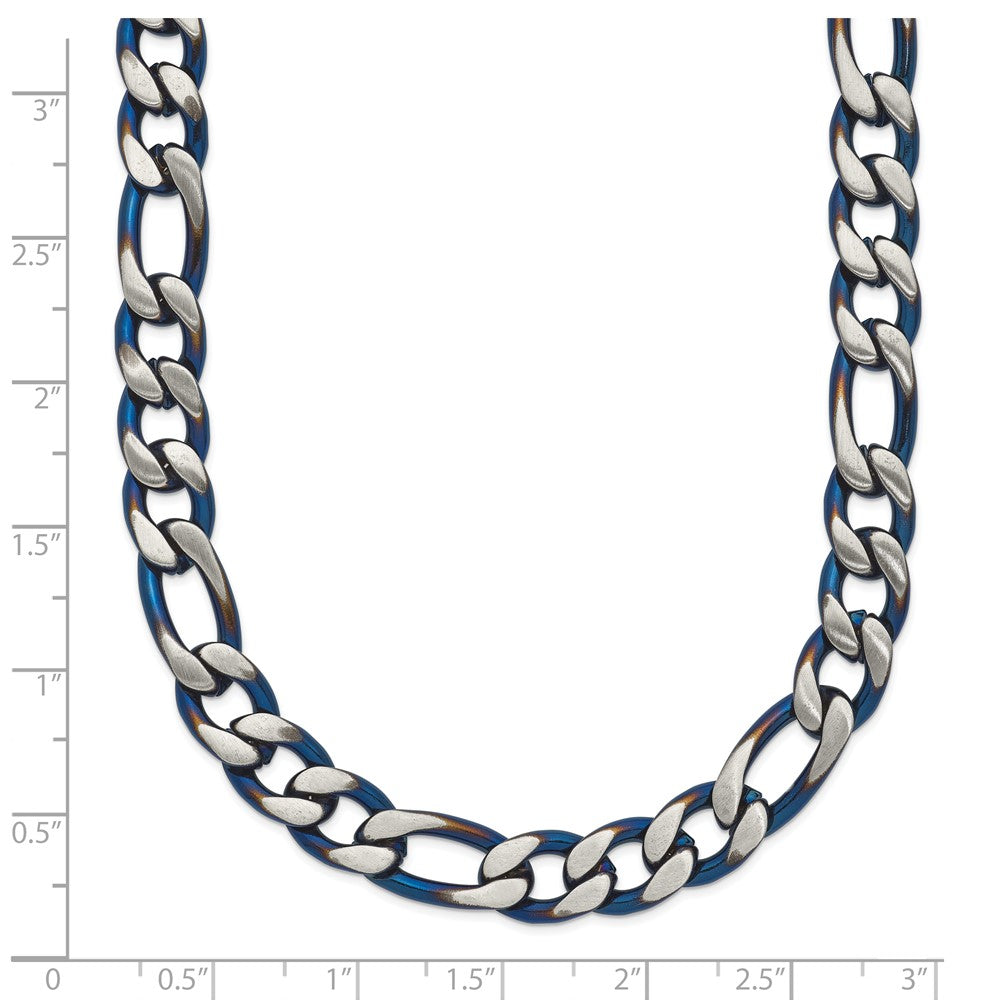 Chisel Stainless Steel Brushed and Polished Blue IP-plated 7.5mm 30 inch Figaro Chain Necklace