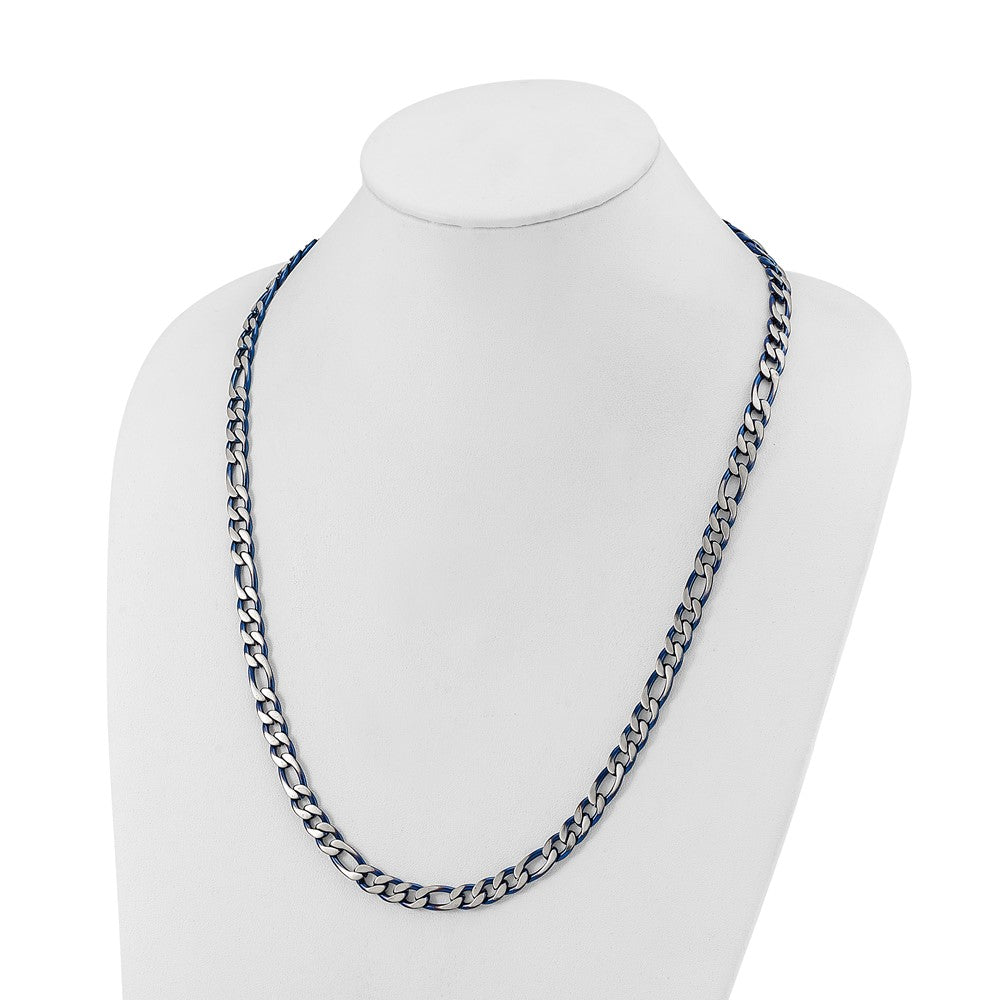 Chisel Stainless Steel Brushed and Polished Blue IP-plated 7.5mm 26 inch Figaro Chain Necklace