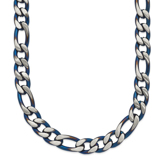 Chisel Stainless Steel Brushed and Polished Blue IP-plated 7.5mm 30 inch Figaro Chain Necklace