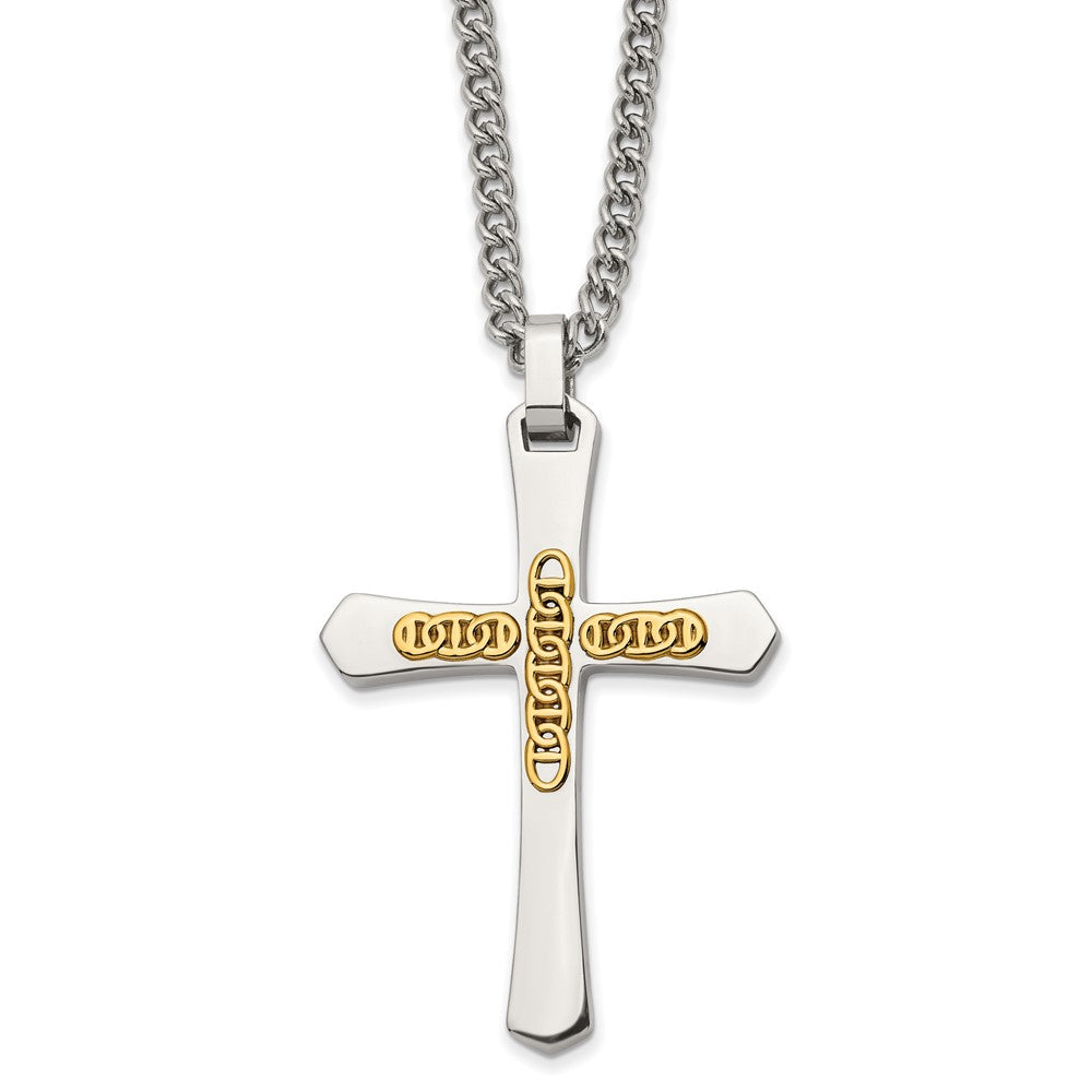 Chisel Stainless Steel Polished with 14k Yellow Gold Accent Cross Pendant on a 24 inch Curb Chain Necklace