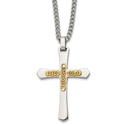 Chisel Stainless Steel Polished with 14k Yellow Gold Accent Cross Pendant on a 24 inch Curb Chain Necklace