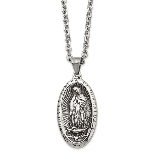 Chisel Stainless Steel Antiqued and Polished Spanish of Guadalupe Pendant on a 24 inch Cable Chain Necklace