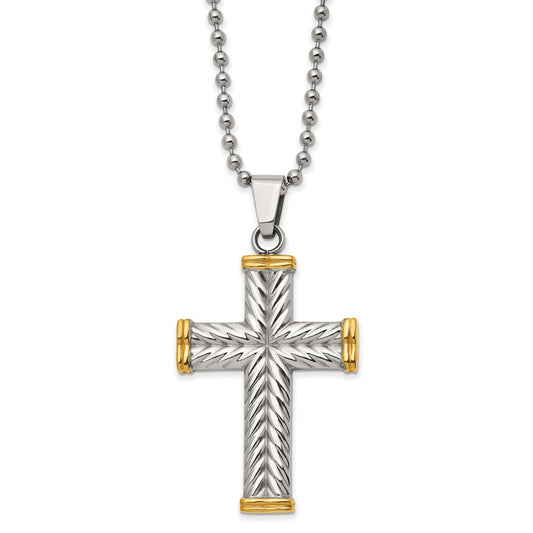Chisel Stainless Steel Polished and Textured Yellow IP-plated Cross Pendant on a 22 inch Ball Chain Necklace