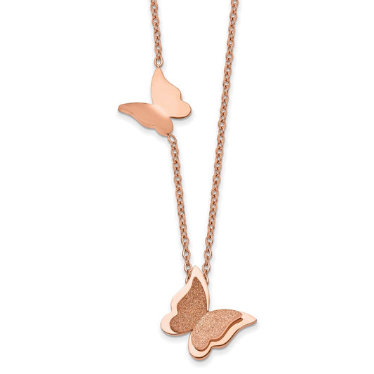 Chisel Stainless Steel Polished Rose IP-plated Diamond cut Butterflies on a 16 inch Cable Chain with 3 inch Extension Necklace