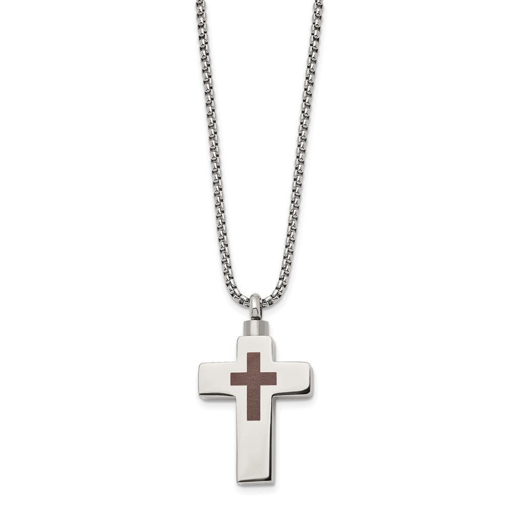 Chisel Stainless Steel Polished and Lasered Cross Ash Holder on a 24in Box Chain Necklace