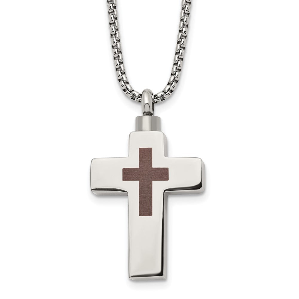 Chisel Stainless Steel Polished and Lasered Cross Ash Holder on a 24in Box Chain Necklace