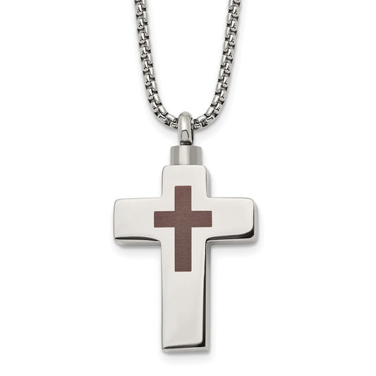 Chisel Stainless Steel Polished and Lasered Cross Ash Holder on a 24in Box Chain Necklace