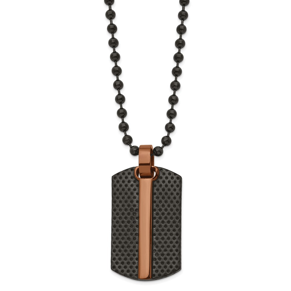 Chisel Stainless Steel Polished and Textured Black and Brown IP-plated Dog Tag on a 24 inch Ball Chain Necklace