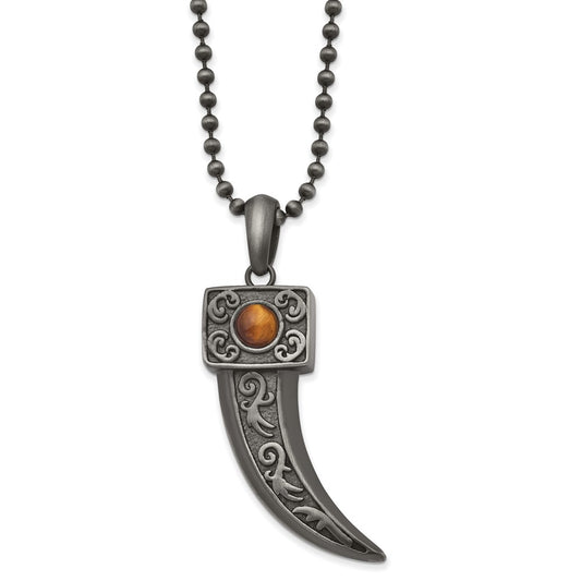 Chisel Stainless Steel Antiqued White Bronze Plated with Tiger's Eye Horn Pendant on a 22 inch Ball Chain Necklace