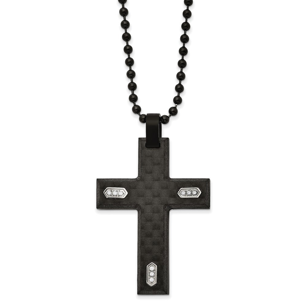 Chisel Stainless Steel Brushed Black IP-plated and Black Carbon Fiber with CZ Cross Pendanat on a 24 inch Ball Chain Necklace