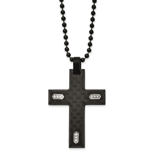 Chisel Stainless Steel Brushed Black IP-plated and Black Carbon Fiber with CZ Cross Pendanat on a 24 inch Ball Chain Necklace