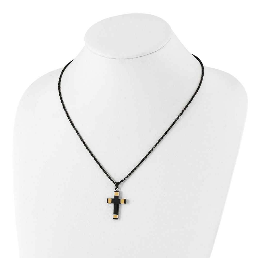 Chisel Stainless Steel Polished Black and Yellow IP-plated Cross Pendant on a 19.75 inch Box Chain Necklace