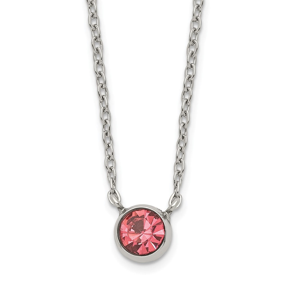 Stainless Steel Polished Pink Glass Crystal 16in w/2in ext. Necklace