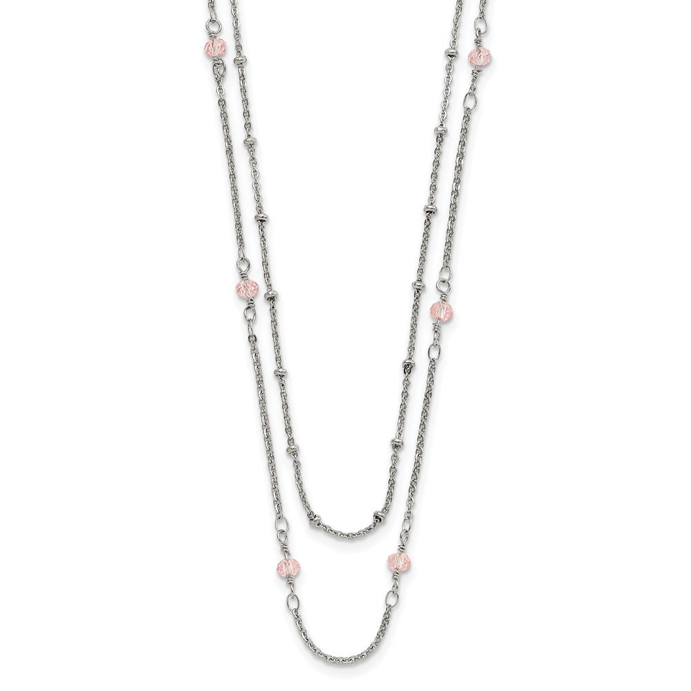 Chisel Stainless Steel Polished 2-Strand Pink Crystal Beaded 16 inch with 1 inch Extension Necklace