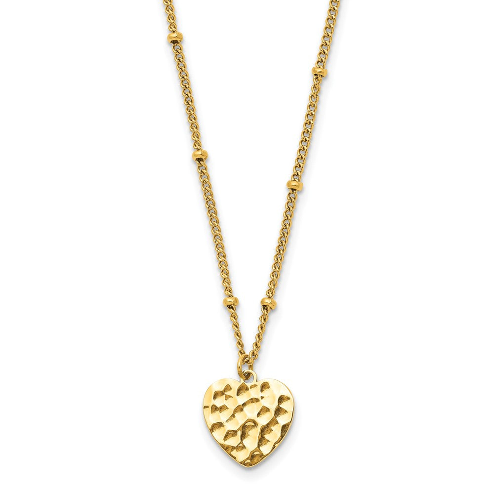 Stainless Steel Polished and Hammered Yellow IP-plated Heart on a 15 inch Curb Chain with a 2 inch Extension Necklace