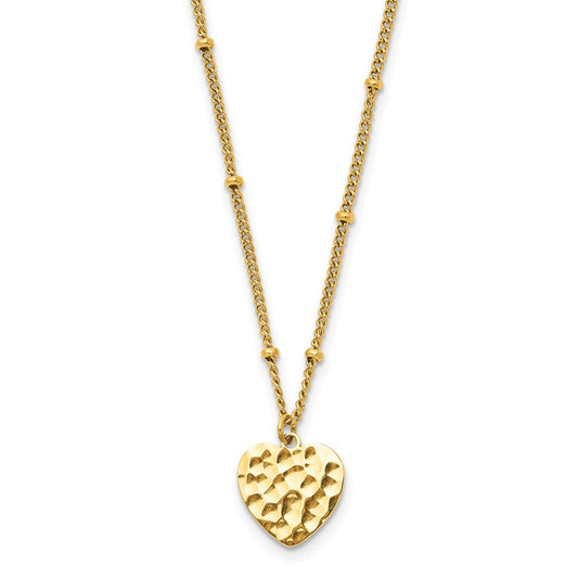 Stainless Steel Polished and Hammered Yellow IP-plated Heart on a 15 inch Curb Chain with a 2 inch Extension Necklace