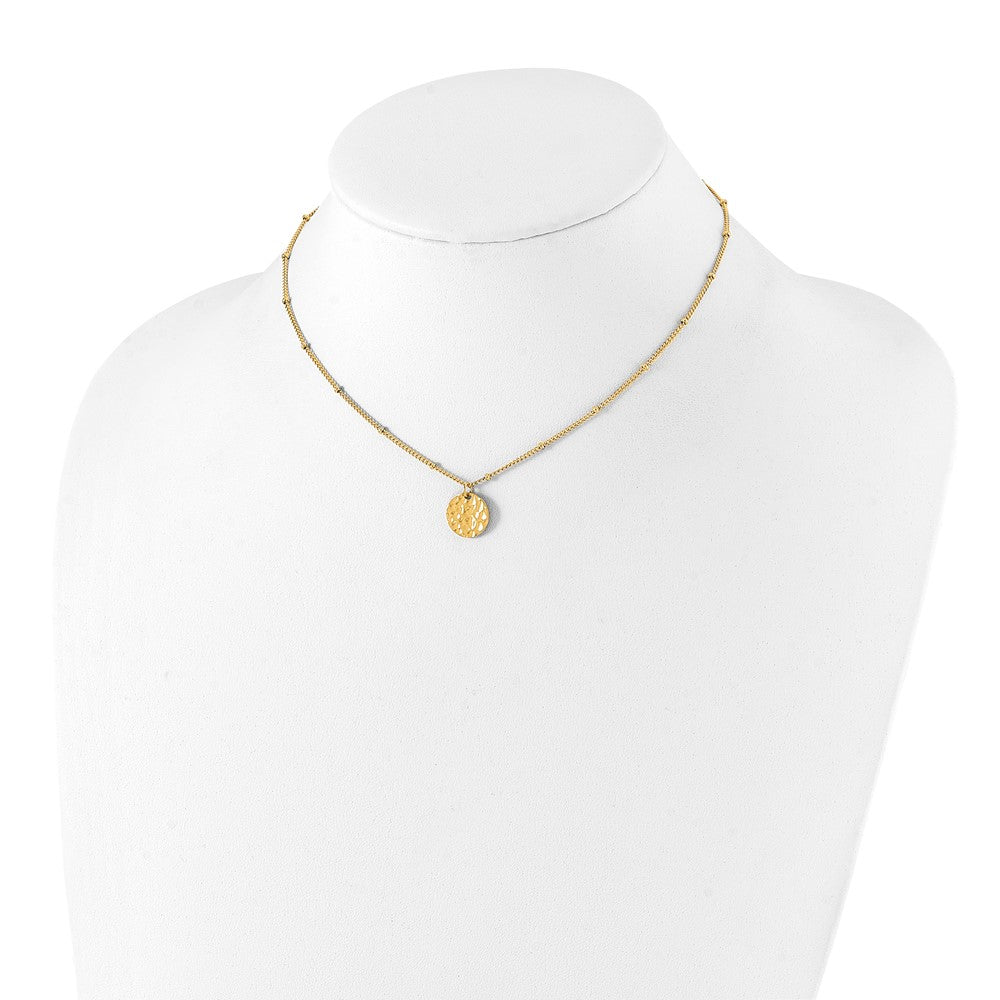 Chisel Stainless Steel Polished and Hammered Yellow IP-plated Circle Pendant on a 15 inch Curb Chain with a 2.5 inch Extension Necklace