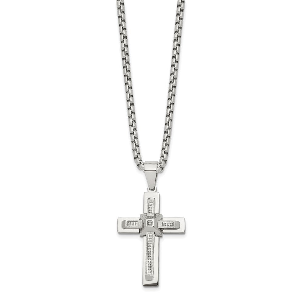 Chisel Stainless Steel Polished with CZ Cross Pendant on a 22 inch Box Chain Necklace