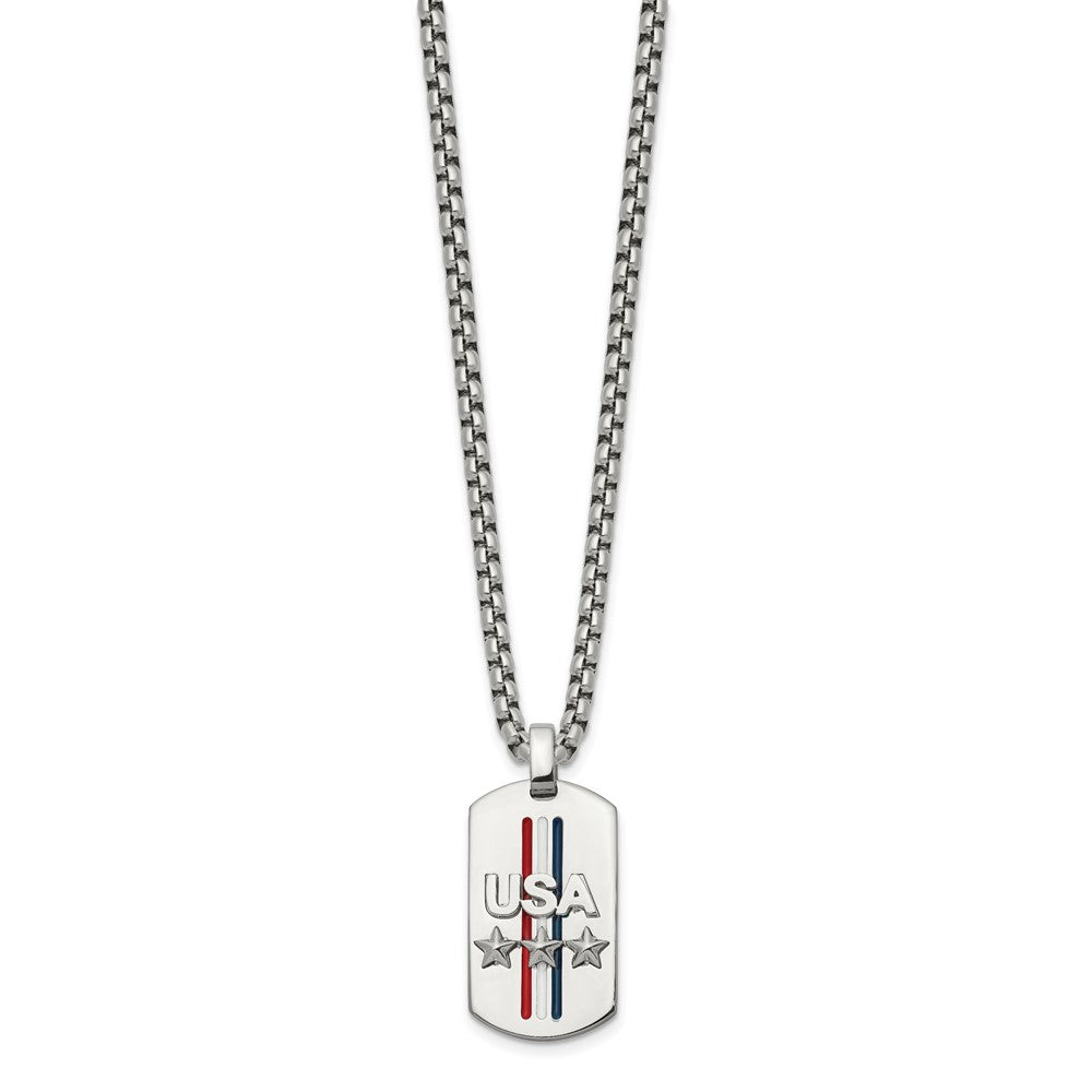 Chisel Stainless Steel Polished Enameled USA and Stars Dog Tag on a 22 inch Box Chain Necklace