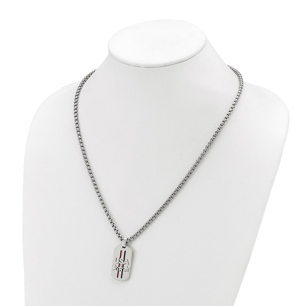 Chisel Stainless Steel Polished Enameled USA and Stars Dog Tag on a 22 inch Box Chain Necklace
