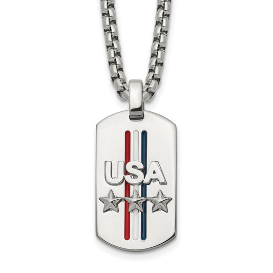 Chisel Stainless Steel Polished Enameled USA and Stars Dog Tag on a 22 inch Box Chain Necklace